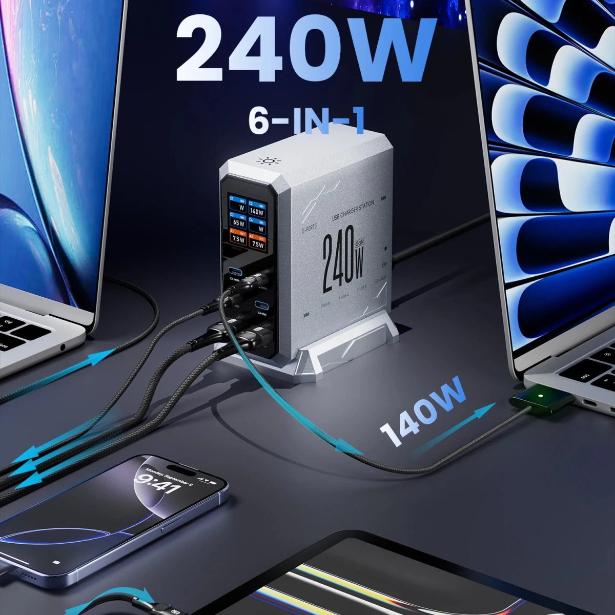240W 6 - Port GaN Desktop Charger PD3.1 USB - C for MacBook, Laptop, iPhone - Supersell