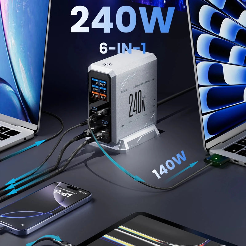 240W 6 - Port GaN Desktop Charger PD3.1 USB - C for MacBook, Laptop, iPhone - Supersell