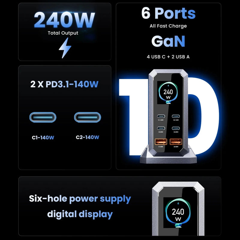 240W 6 - Port GaN Desktop Charger PD3.1 USB - C for MacBook, Laptop, iPhone - Supersell