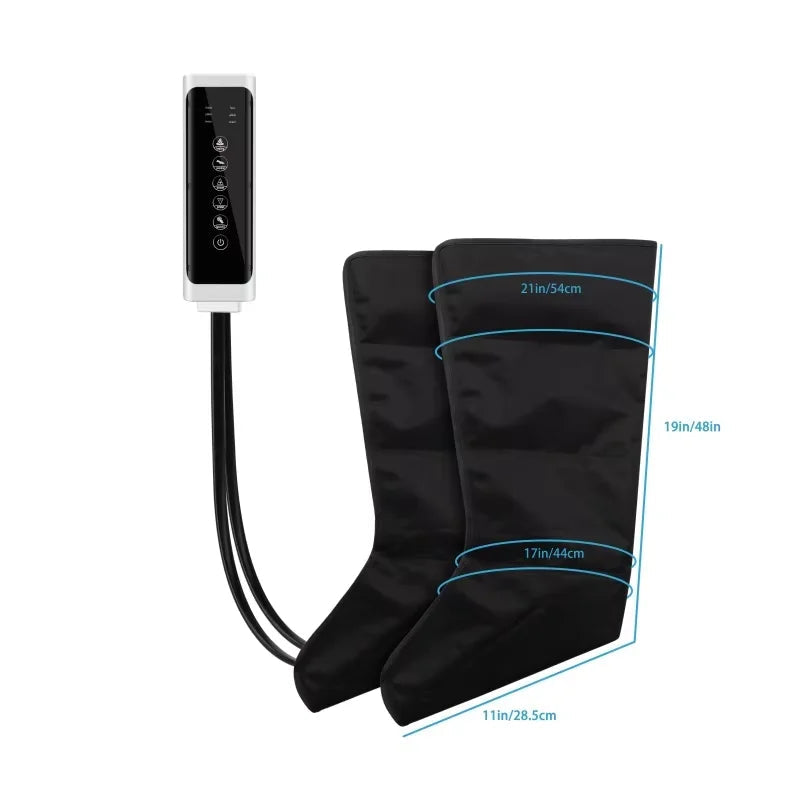 Black compression leg sleeves with digital controller on a white background