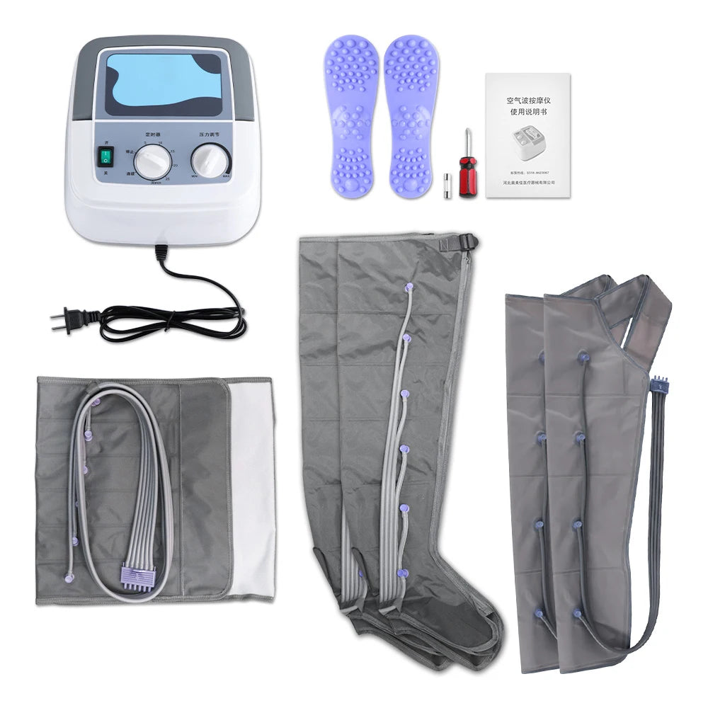 Vibrating foot massager set with machine, foot pads, and cables on a white background