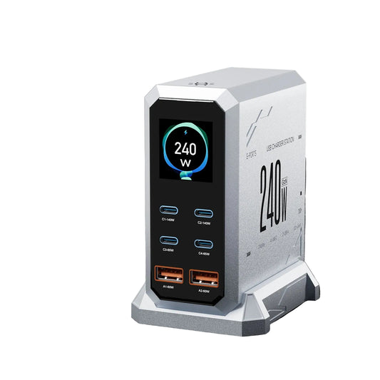 240W GaN charger with display on a black marble surface, featuring 'ASOMETECH' branding.