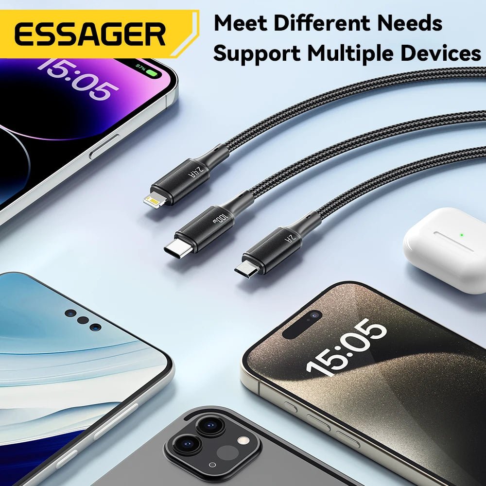 Essager 100W 3 - in - 1 Fast USB - C to Lightning Charger Cable - Supersell
