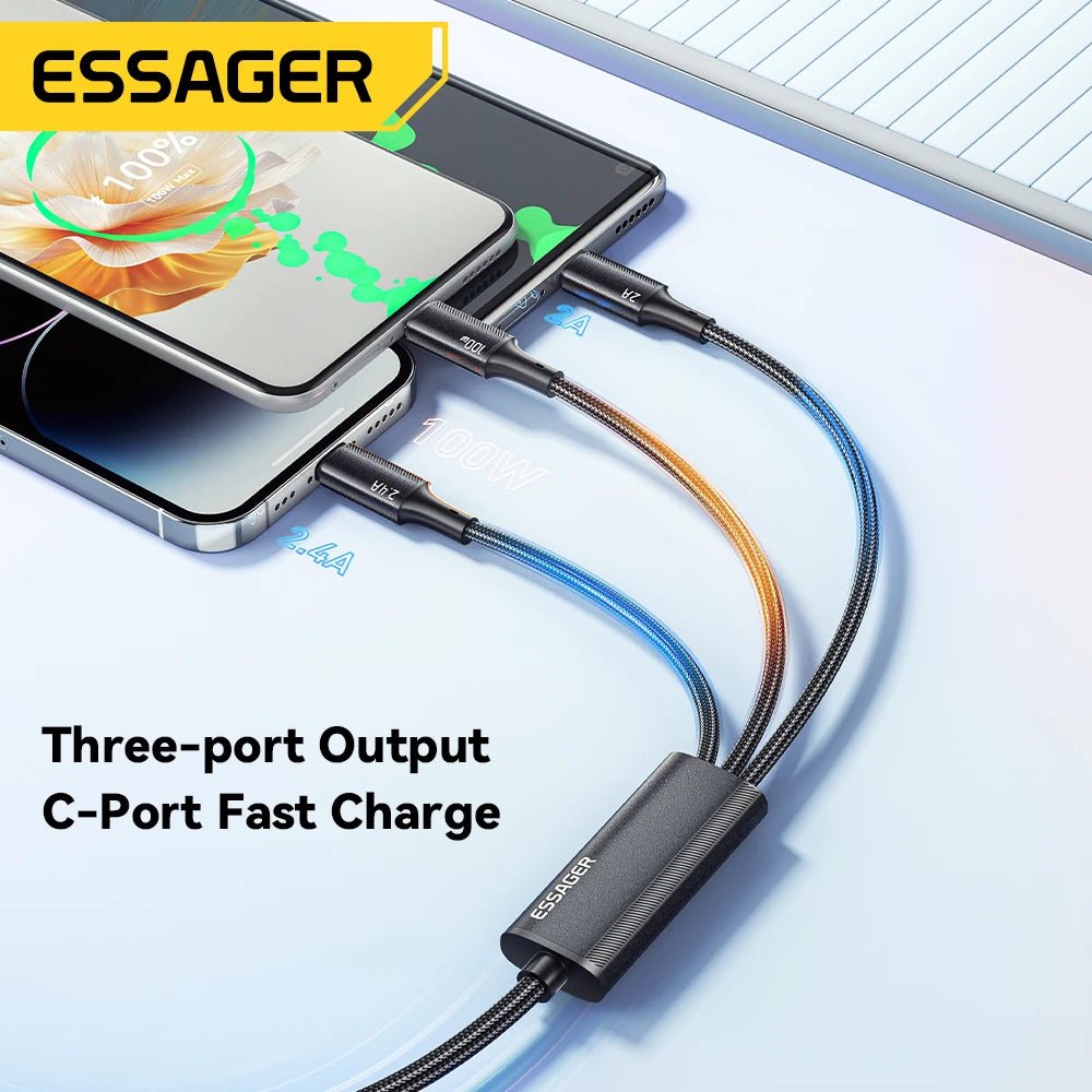 Essager 100W 3 - in - 1 Fast USB - C to Lightning Charger Cable - Supersell