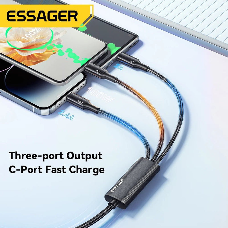 Essager 100W 3 - in - 1 Fast USB - C to Lightning Charger Cable - Supersell